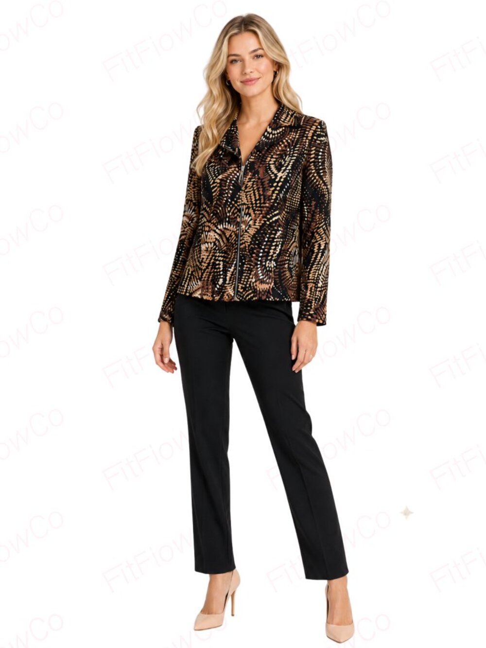 Renaissance Petite Abstract Print Zip Jacket PS Brown Black Tan Lined